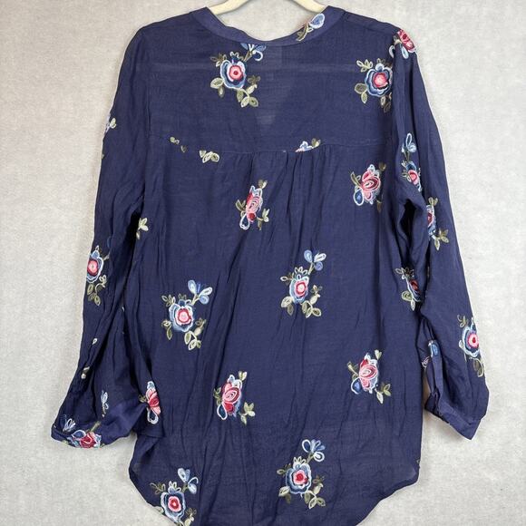 Anthropologie Fig and Flower Tunic XL Embroidered Floral Button Long Sleeve Blue - Picture 9 of 11